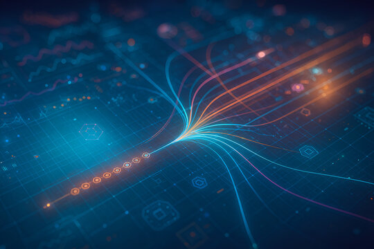 Abstract data pipeline on digital grid: colorful streams converge and fan out, symbolizing AI inference, machine learning, ETL, big data analytics, real-time processing, and algorithmic decisions
