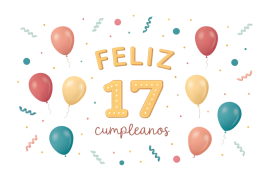 Feliz 17 Cumpleanos Birthday Design with Balloons seventeen feliz cumpleanos PNG Transparent background