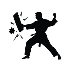 Black silhouette illustration of a martial artist breaking a board with their fist, martial artist breaking board silhouette vector illustration
