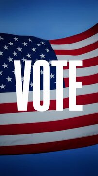 The simple and powerful word "vote" in white letters over a waving american flag, a call to action for civic duty and participation in the united states elections