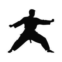 Silhouette of a martial arts practitioner in action, demonstrating Karate technique, martial artist in fighting stance silhouette vector illustration