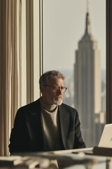 Fototapeta premium Elegant senior businessman in black blazer working on laptop with city skyline view 