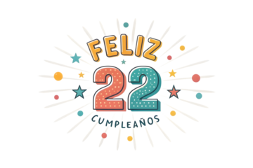 Feliz 22 Cumpleanos Birthday Celebration Graphic Keywords: birthday, celebration, feliz cumplea?os, 22, twenty two, anniversary, party, greeting, text, typography, festive, PNG Transparent background
