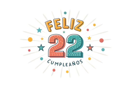 Feliz 22 Cumpleanos Birthday Celebration Graphic Keywords: birthday, celebration, feliz cumplea?os, 22, twenty two, anniversary, party, greeting, text, typography, festive, PNG Transparent background