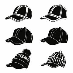 Six black headwear silhouettes baseball cap beanie