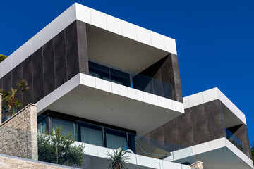 Ultra modern hotel facade with balconies in Croatia.