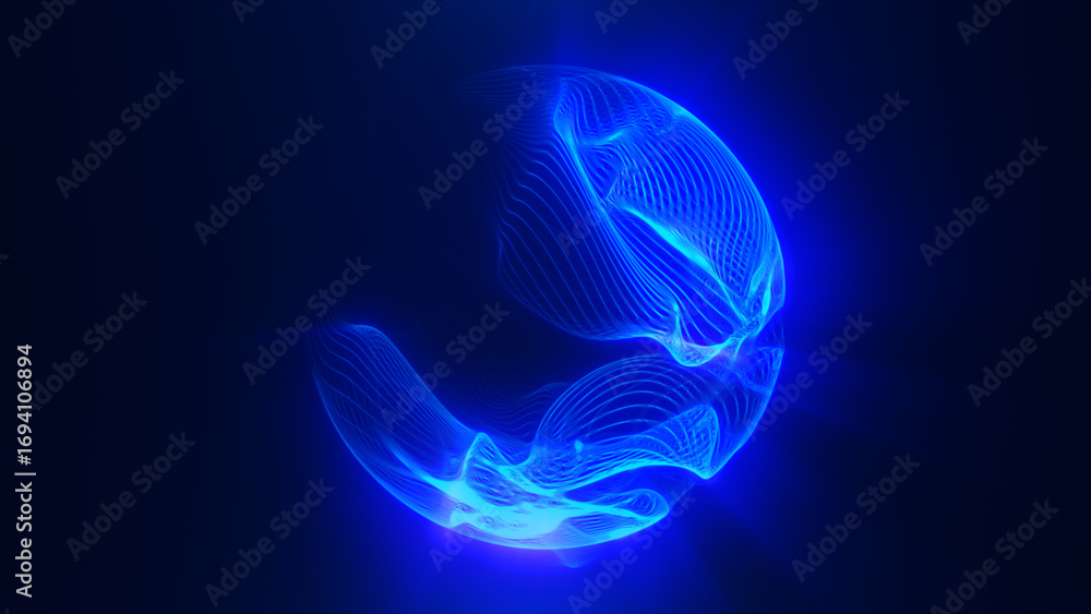Poster futuristic glowing blue sphere with fluid wave-like structures and soft light trails in a dark digit