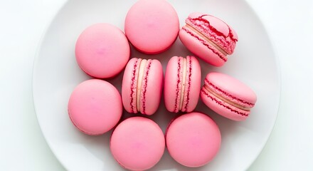 Fototapeta premium Bright Pink Macarons Neatly Arranged on a Clean White Plate