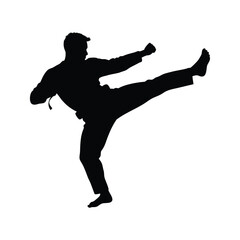 A silhouette of a man practicing martial arts with a powerful kick., martial artist performing jump kick silhouette vector illustration