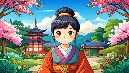 Animated girl in Japanese attire, serene landscape