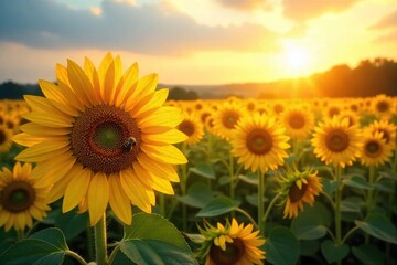 Obraz premium Golden hour sunlight bathes a vibrant summer field of sunflowers, buzzing with bees, ripe and ready for harvest A idyllic scene of agricultural abundance , bloom, plants