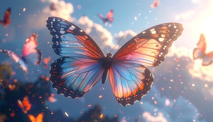 Colorful butterflies in flight against a vibrant sky