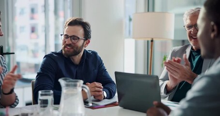 Businessman, group and applause for handshake at office meeting, success or goals at investment company. Business people, team and shaking hands for deal, achievement or praise performance at agency - Powered by Adobe