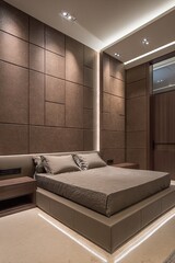 A modern bedroom boasts a sophisticated design with warm taupe walls, accent lighting, and a plush bed, creating a relaxing and stylish space.