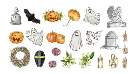 Hand drawn vintage halloween set of pumpkins ghosts bats spider webs crosses tombstones candles flowers wreaths isolated vector illustration