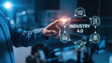 Person points at glowing hologram industry 4.0 text surrounded by icons, smart factory robotics automation