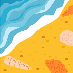 Flat vector square background about beach and sea. Top view of yellow sand with seashells and incoming blue wave. Colorful illustration for summer vacations and seaside themed projects.