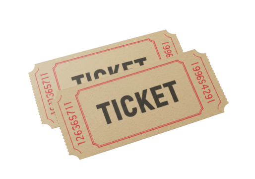Two vintage light brown paper tickets with red borders & 'TICKET' text, slightly overlapping, flat lay on a transparent background with copy space, authentic heritage concept