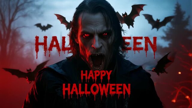A scary vampire with glowing red eyes in a dark forest surrounded by flying bats, a creepy horror scene for a happy halloween greeting card with bloody text