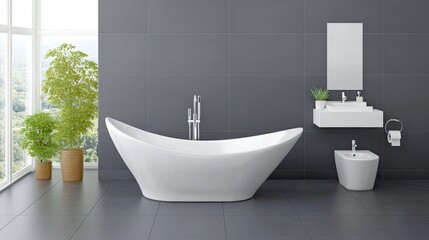 This modern bathroom showcases a freestanding bathtub illuminated by warm lighting, large windows enhancing the spacious atmosphere, and elegant gray tiles throughout