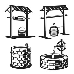 Village wells water collection silhouettes water jars