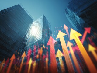 Obraz premium Successful growth companies. Booming economy and good business performance. Many arrows on background of many graphs and tall buildings