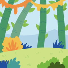 Lush meadow with bamboo trees in a asian forest. Cartoon square background in flat vector style. Color illustration for projects about pandas and nature