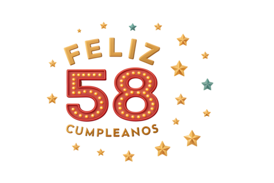 Feliz 58 Cumpleanos Marquee Style Text with Golden Stars fifty eight feliz cumplea?os PNG Transparent background