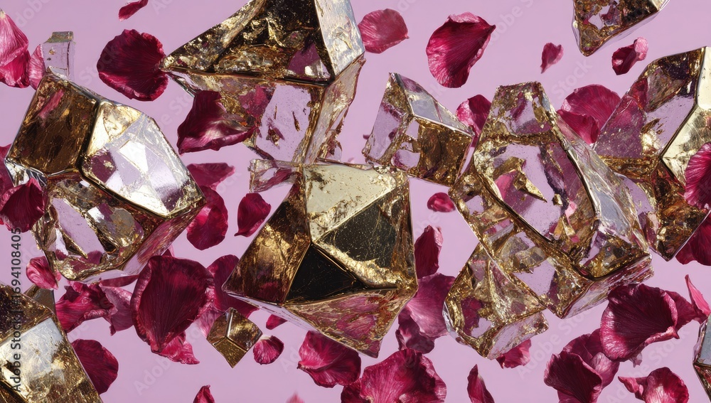 Poster golden and crystal shards, surrounded by scattered rose petals, create a captivating visual display 