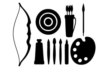 Archery and art tools silhouette collection. Vector icon set of sport and creative hobbies. Includes bow, arrows, target, quiver, paint brushes, palette, and tube. Isolated.
