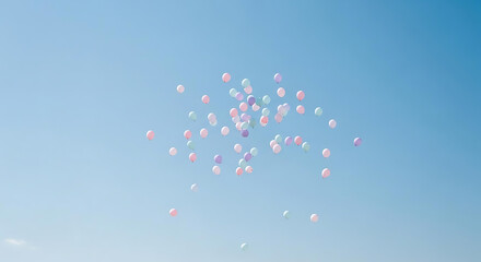A view of pastel colored balloons floating in a bright blue sky on a sunny day event celebration