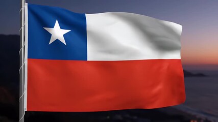 Chilean flag waves proudly against a dramatic sunset sky over coastal mountains creating a patriotic and inspirational scene - Powered by Adobe