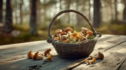 A rustic wicker basket brimming with wild mushrooms sits on a weathered wooden table in a sunlit forest. Perfect foraging scene highlights fresh, organic harvest.