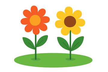 Obraz premium Two simple flowers on green grass vector flat illustration. Cute cartoon orange and yellow blooming flowers for kids. Decorative spring or summer nature garden blossom design.