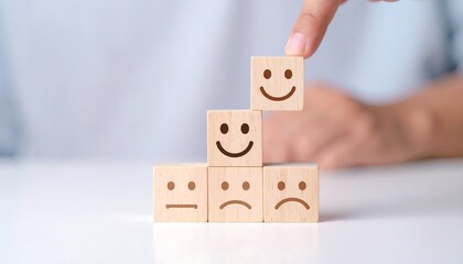 Ascending emotions on wooden blocks symbolizing improved mental health