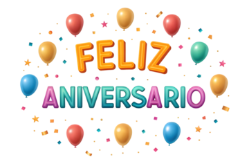 Feliz Aniversario Text with Balloons and Confetti happy anniversary lettering PNG Transparent background