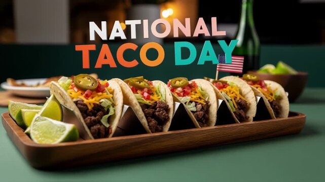 A tray of tacos filled with ground beef and vegetables with lime wedges and an american flag, a festive arrangement for national taco day promoting mexican cuisine