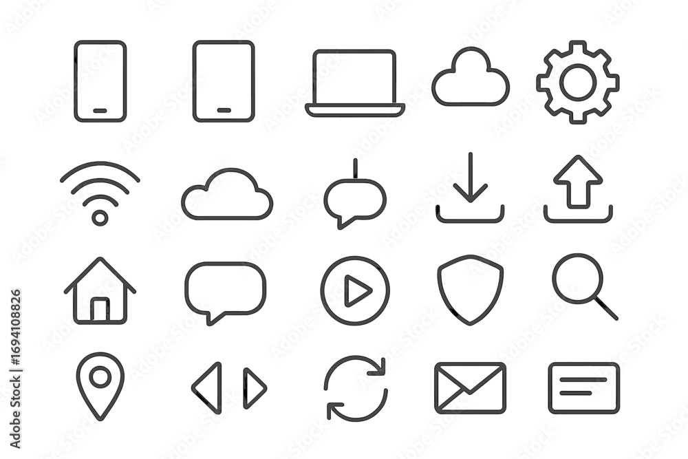 Poster simple line icon set for web and mobile. ui, ux signs. technology, multimedia, and interface symbols