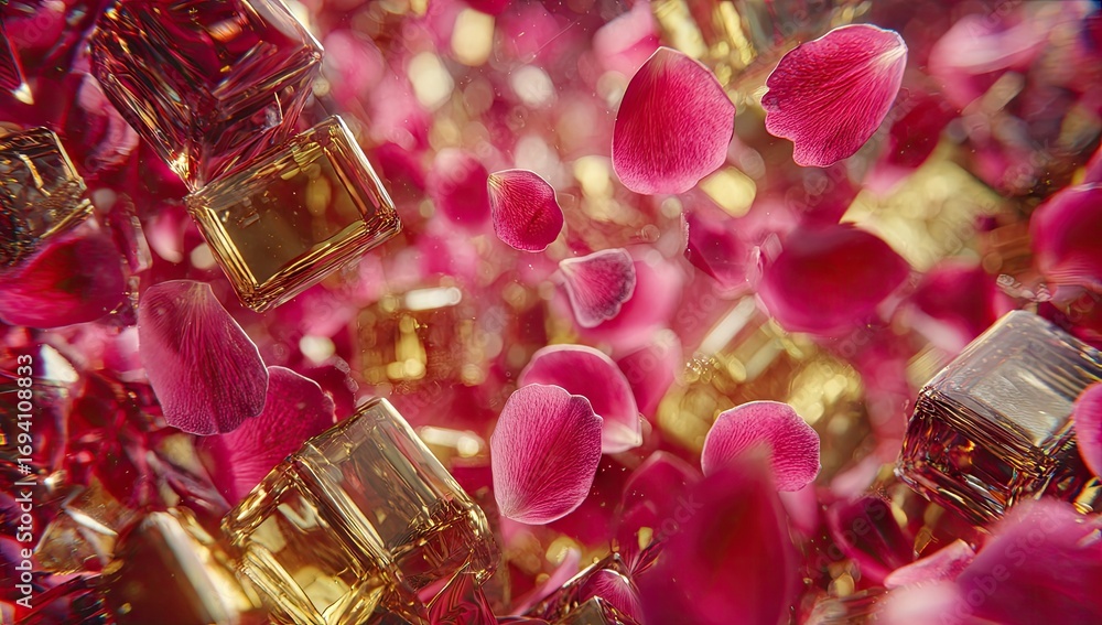 Poster golden perfume bottles are surrounded by vibrant rose petals, creating a captivating and elegant vis