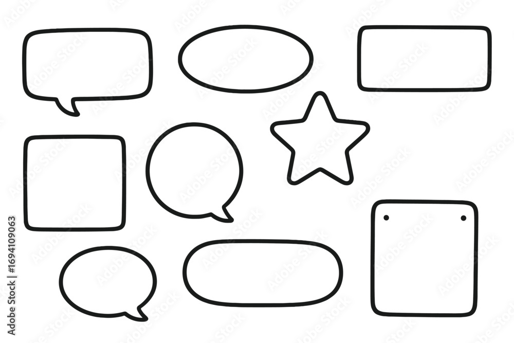 Poster set of hand drawn speech bubbles and sketch text boxes. comic doodle frames, thought bubbles for dia