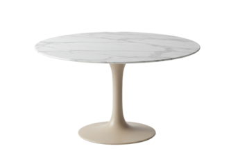 Pristine round white marble table with grey veining, light brown cylindrical base, clean minimalist studio with transparent copy space. Concept of strategic planning
