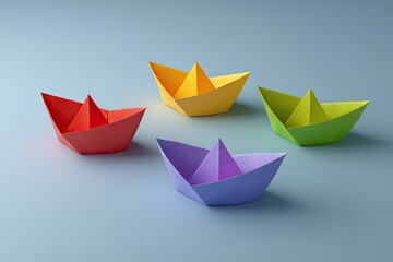 Colorful paper boats arranged on a pastel background