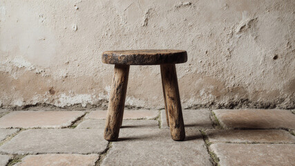 Old rustic wooden stool on terracotta floor in vintage textured space