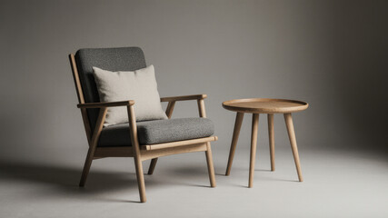 Gray chair with wooden armrests next to round table in soft neutral room