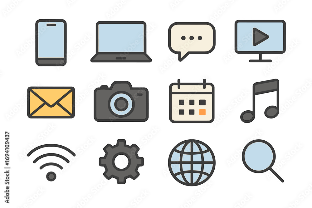 Poster web icon set. mobile app ui elements. minimalist symbols for digital communication. technology icons