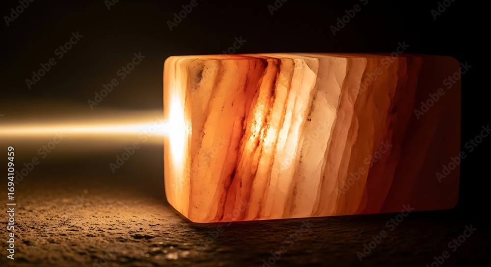 Poster glowing mineral block with bright light beam on textured surface