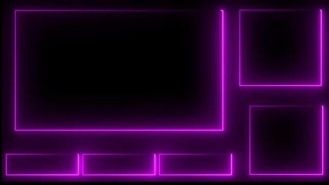 Intermission Stream Overlay Animated, Neon Sign looping facecam and chat for live streaming ,Frame border HUD element. HUD viewfinder. Intermission Stream Overlay Animation. violet color neon box..