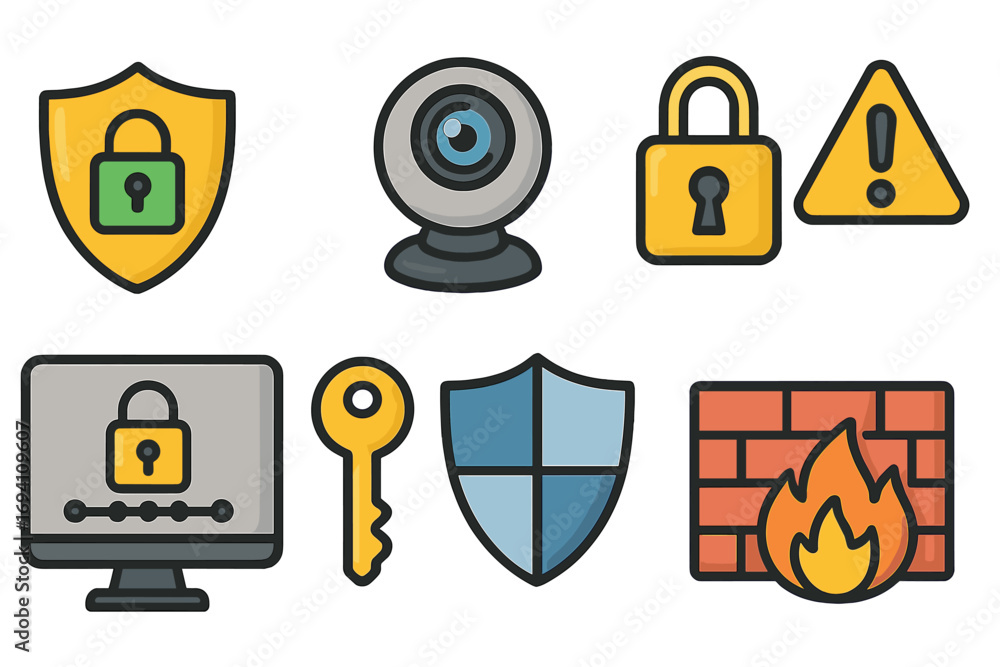 Poster cybersecurity icon set for data protection and internet safety. vector collection with lock, shield,