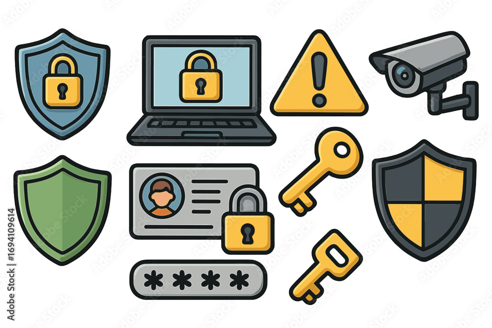Poster security icon set for data protection and cybersecurity. vector collection of safety symbols like sh