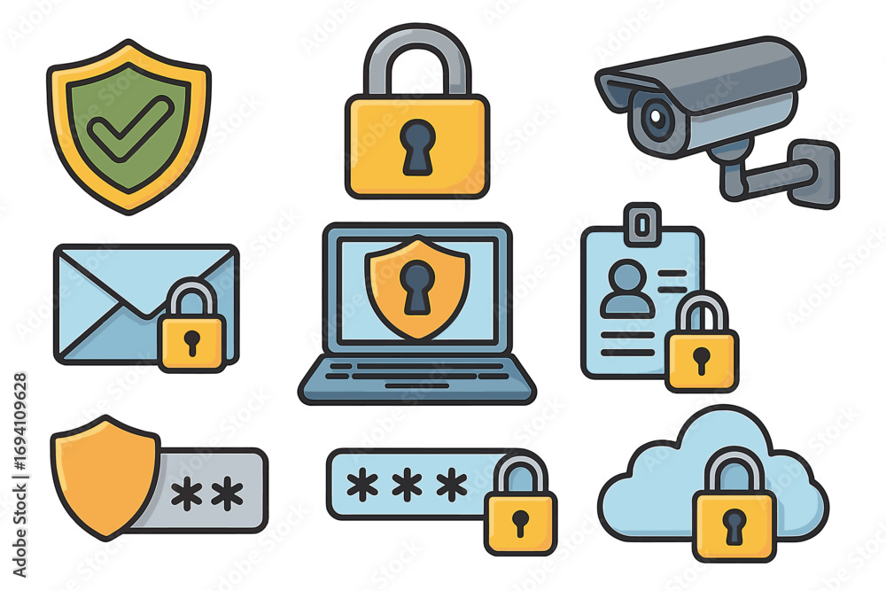 Poster security icon set for data protection and cybersecurity. vector collection of safety symbols like pa